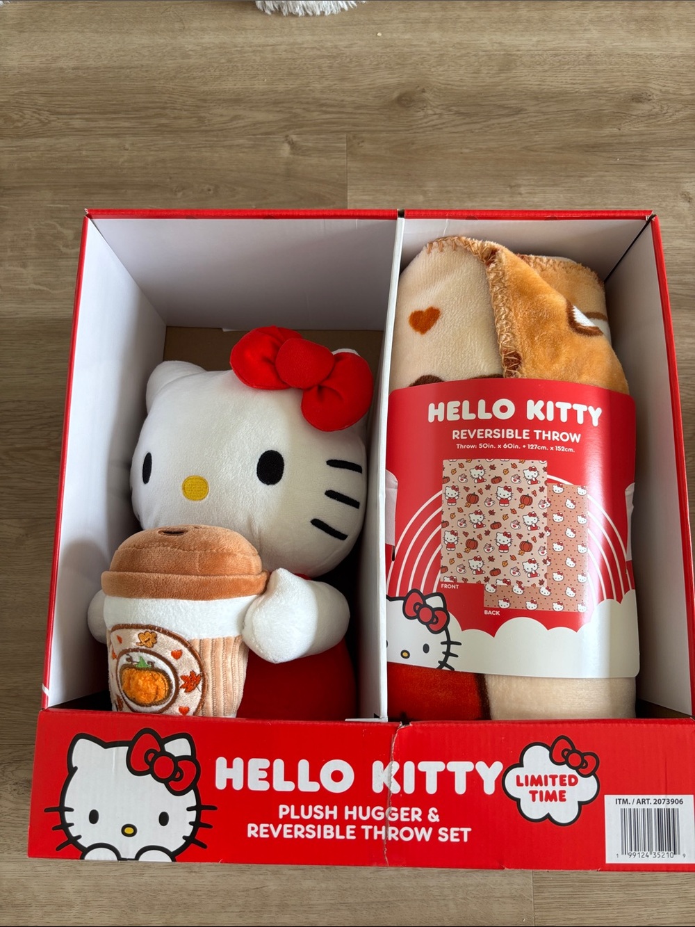 Hello Kitty Plush Hugger & Reversible Throw Set - White, Red, Tan, Orange